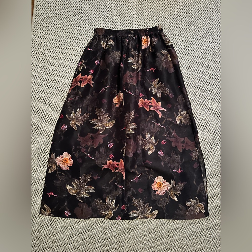 All Saints Asta Viviana Silk & Linen Skirt, Black Floral, Size 6